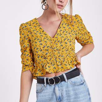 River Island Womens Petite Yellow ditsy ruched puff sleeve top