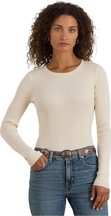 Lauren Ralph Lauren Rib-Knit Cotton-Blend Crew Neck Sweater Women's Sweater Mascarpone Cream : LG, Cotton/Modal/Nylon