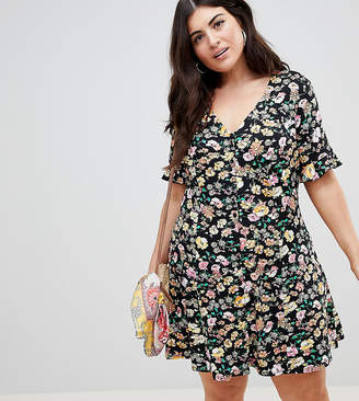 ASOS Curve DESIGN Curve button through tea dress with frill sleeve in summer floral print