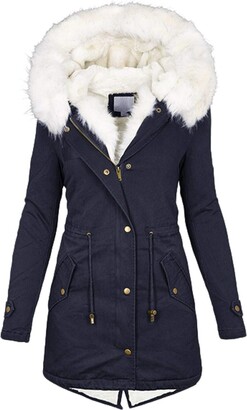 Bumplebeer Women's Hooded Warm Winter Faux Fur Lined Parkas Long Coats Jacket Overcoat Fleece Outwear with Drawstring Navy
