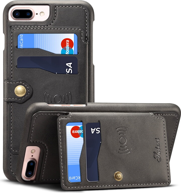 SumacLife Black Vegan Leather Nate Wallet Case for Apple iPhone 8 / iPhone 7 with Three Dedicated Card Slots, Slide Pocket, and Button Snap