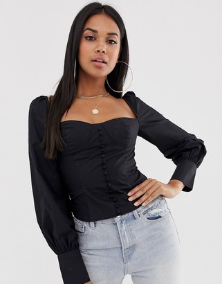 Club L London square neck button through shirt with balloon sleeves in black