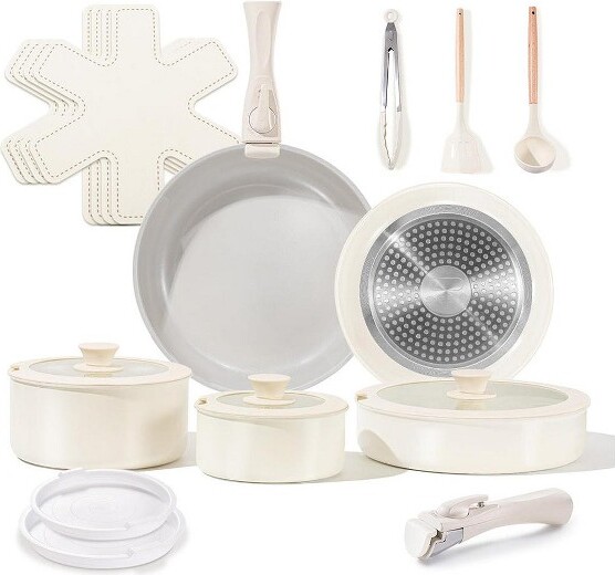 Itopfox19-PieceCeramicNonstickCookwareSetwithDetachableHandlesInductionSafePotsandPansDishwasherOvenSafeGraniteGreyandWhite