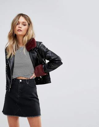 boohoo Studded And Embroidered Leather Look Jacket With Faux Fur Collar