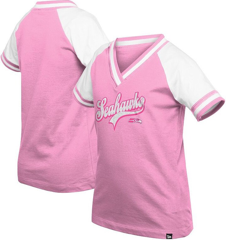Girl's Youth New Era Pink Seattle Seahawks Mommy & Me Multiplier Raglan V-Neck T-Shirt