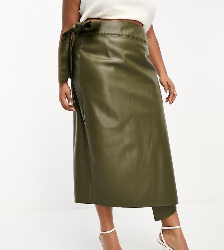 Never Fully Dressed Plus PU wrap midi skirt in khaki ShopStyle