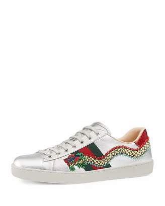 Gucci Men's New Ace Embroidered Leather Low-Top Sneakers, Silver