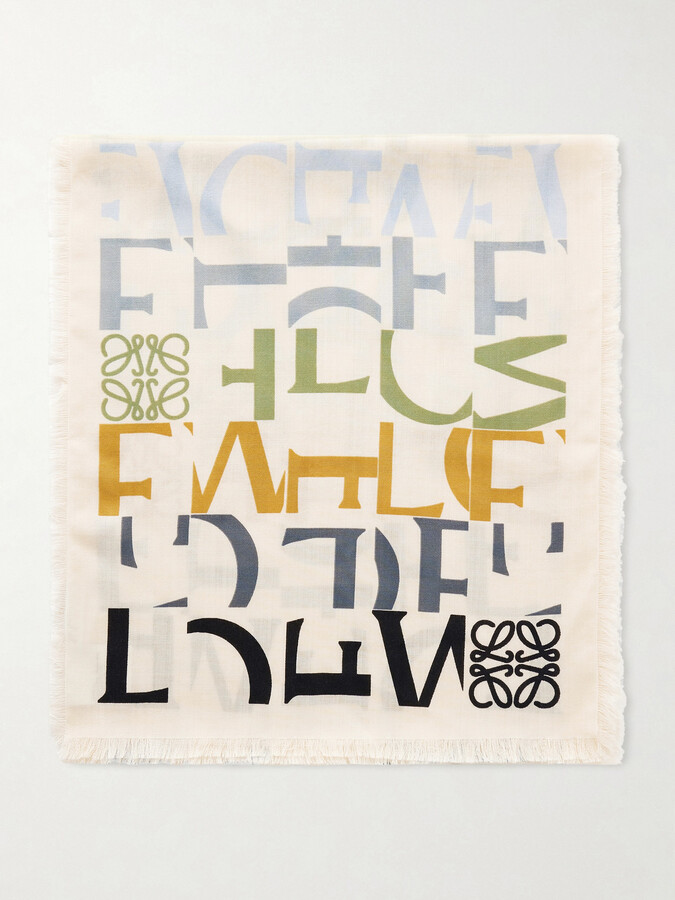 Loewe Fringed Logo-Print Wool Silk and Cashmere-Blend Scarf