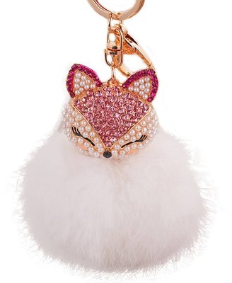 BUYEONLINE Bling Rhinestone Fox Rabbit Fluffy Ball Keychain Car Key Ring,Rose-red Fox + White