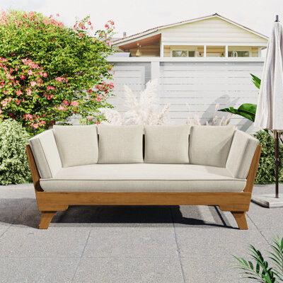 Outdoor Patio Daybed Sofa, 3-Seat Sofa With Foldable Arm 4 Back Pillows, Teak Acacia Wood Frame Beige Removable Cushion