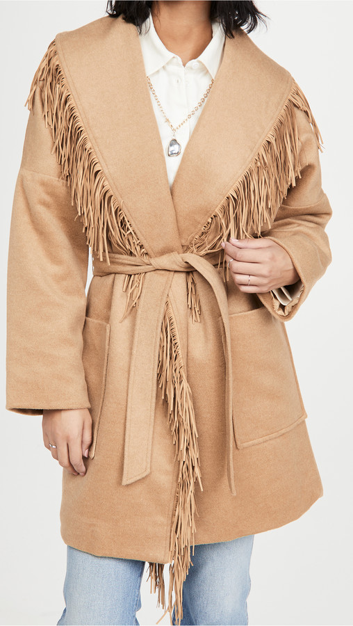 camel shawl collar wrap coat