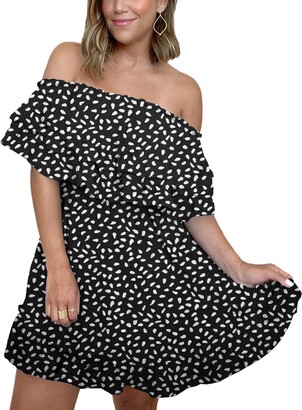 Kirundo 2022 Summer Women’s Off Shoulder Mini Dress Polka Dot High Waist Half Sleeves Swing Ruffle Short Flared Dress (Large