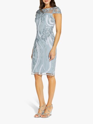 Adrianna Papell Cocktail Floral Embroidered Knee Length Dress, Light Grey