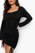 Thumbnail for your product : boohoo Tonal Slinky Ruched Long Sleeve Mini Dress