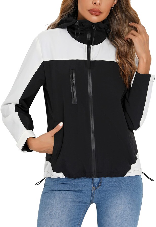 Wayleb Women Waterproof Rain Jacket with Hood Zipper Raincoat Lightweight Reusable Hiking Rain
