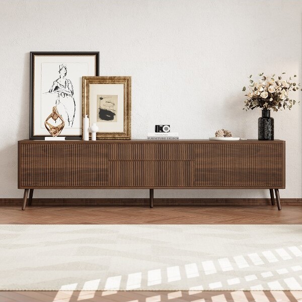 LOVSON70''modernTVstandaccommodates80-inchTVsfeaturesstoragedrawerscabinetscablemanagementsolidwoodlegsforthelivingroom.