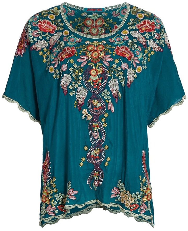 Johnny Was Marin Floral Embroidered Scoop-Neck Half Sleeve Tunic C23819-2