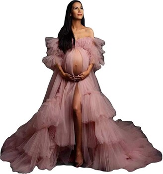 N/ C Long Tulle Robe Maternity Photoshoot Sheer Dressing Gown Beach Coverup Bridal Lingerie Dusty Rose UK14