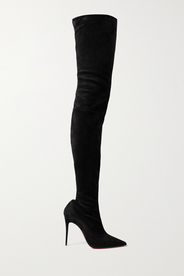 Christian Louboutin Black Suede Studded Over the Knee Flat Boots