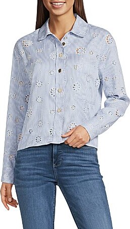 MelloDay Yarn Dye Stripe Embroidered Eyelet Peter Pan Collar Long Sleeve Button Front Shirt