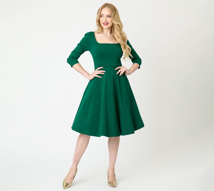 Unique Vintage Green Square Neck Swing Dress