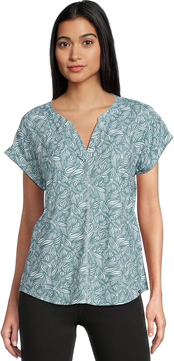 L.L.Bean Streamside T-Shirts Split-Neck Short Sleeve Women's Clothing Storm Teal Botanical : XL, Polyester/Spandex