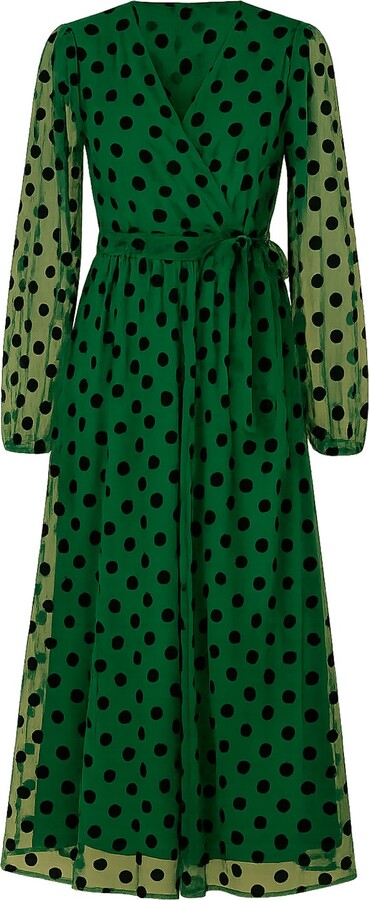Yumi Green Spot Mesh Wrap Midi Skater Dress