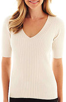 Thumbnail for your product : JCPenney Worthington Elbow-Sleeve Ribbed V-Neck Sweater