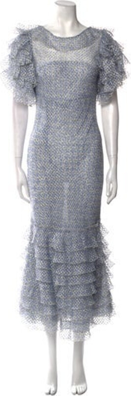 Luisa Beccaria Evening Gown Blue Printed Short Sleeve with Crew Neck