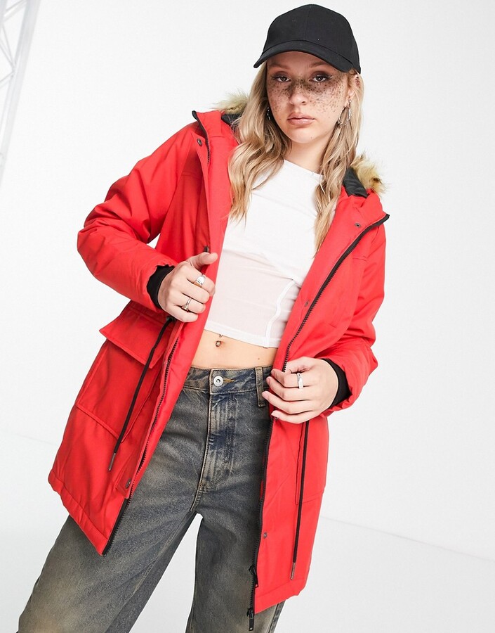 Noisy May fur hood parka in bright red - ShopStyle Outerwear