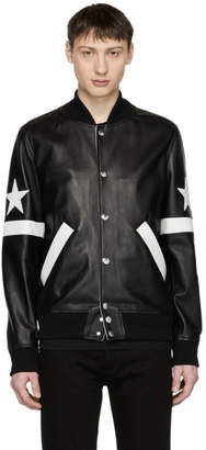 Givenchy Black Leather Star and Stripe Bomber Jacket