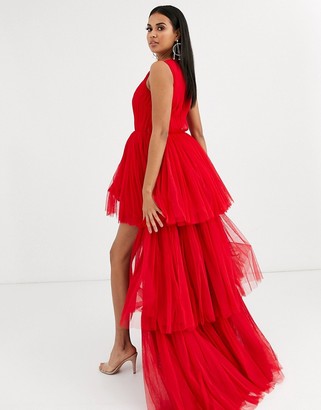 Lace & Beads tulle layered maxi dress in fiery red