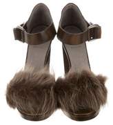 Thumbnail for your product : Brunello Cucinelli Fur-Trimmed Leather Sandals w/ Tags