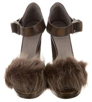 Brunello Cucinelli Fur-Trimmed Leather Sandals w/ Tags