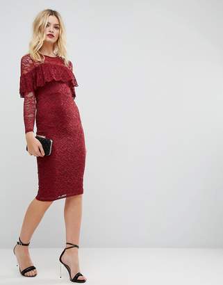 ASOS Design Midi Lace Pencil Dress With Long Sleeves And Frill Detail