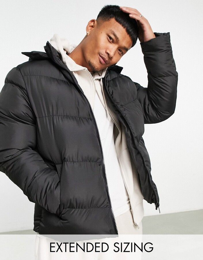 asos design sustainable puffer jacket with detachable hood in black