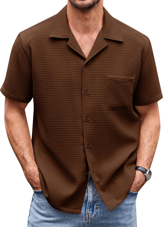 COOFANDY Men's Waffle Shirt Button Down Short Sleeve Shirt Loose Fit