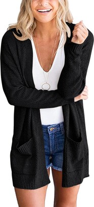 PIIRESO Women's Open Front Waffle Knit Cardigan Sweater Long Sleeve Loose Outwear with Pockets 