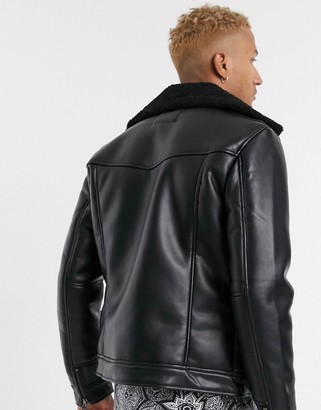 Bershka faux leather avaitor jacket with fleece lining in black