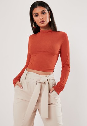 Missguided Petite Orange Ribbed Long Sleeve High Neck Top
