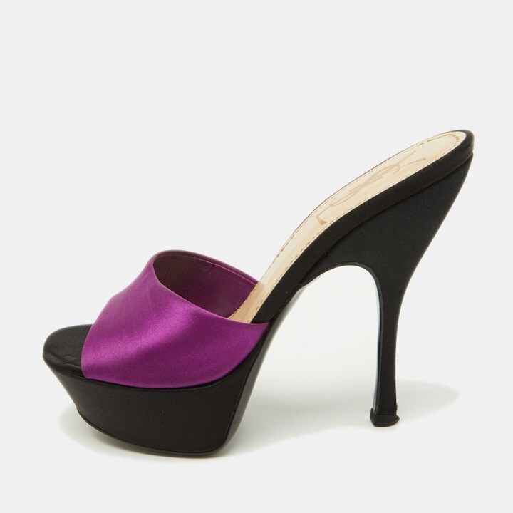 Saint Laurent Purple/Black Satin Platform Slide Sandals Size 35.5