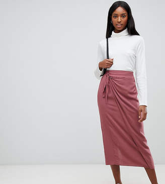 ASOS Tall DESIGN Tall wrap front midi skirt with tie front