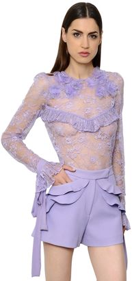 Elie Saab Ruffled Lace Top With Flowers