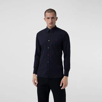 Burberry Contrast Button Stretch Cotton Shirt , Size: L, Blue