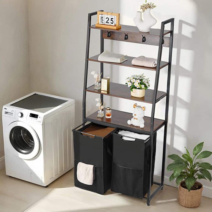 SKYSHALO 4-Tier Laundry Sorter, Tall Hamper with Shelves & Hooks, 2-Section Organizer, Kitchen Cart, Oxford Cloth Bags Black
