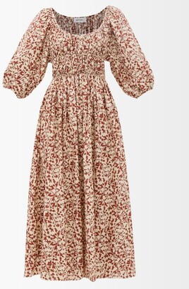 Matteau Gathered Floral-print Cotton-poplin Midi Dress