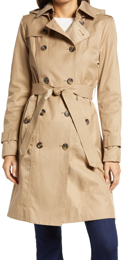 London Fog Double Breasted Trench Coat With Removable Hood - ShopStyle