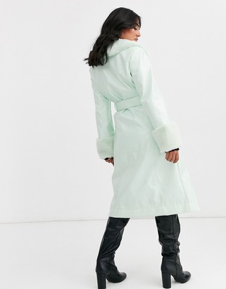 ASOS DESIGN high shine faux fur collar trench coat in mint