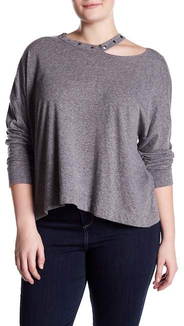 H.I.P. Plus Size Distressed Neck Gunmetal Top