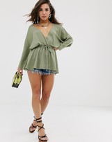 Thumbnail for your product : ASOS DESIGN batwing sleeve top with tie waist-No colour